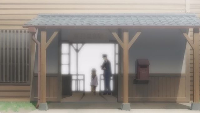 Station building of Okoba Station in anime