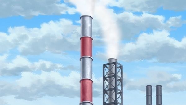 The chimney of the paper mill that rises up behind Yatsushiro Station in anime