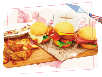 TVアニメ「ブルーピリオド」×「文房具カフェ」マキの3種のミニバーガー～グリルポテトとタコのマリネを添えて～