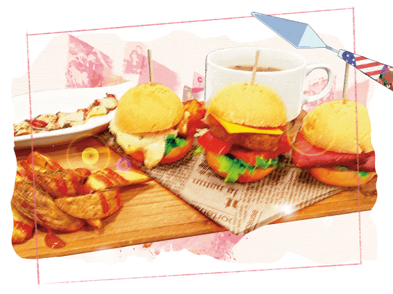 TVアニメ「ブルーピリオド」×「文房具カフェ」マキの3種のミニバーガー～グリルポテトとタコのマリネを添えて～