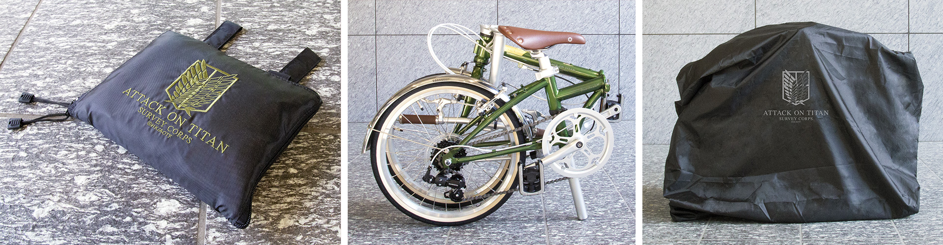 「進撃の巨人×DAHON」コラボ折りたたみ自転車：調査兵団エンブレム専⽤輪⾏バッグ