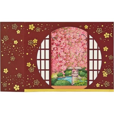 春カード 立体 丸窓から桜と庭園