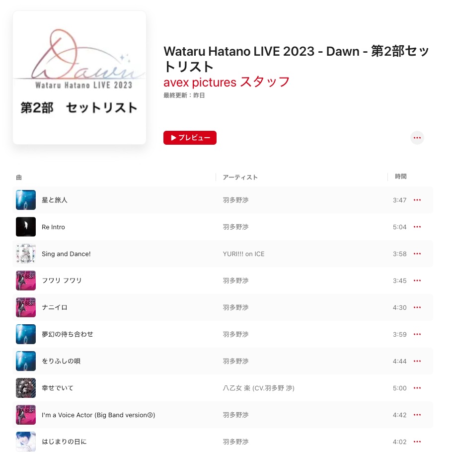 「Wataru Hatano LIVE 2023 - Dawn -」セットリスト