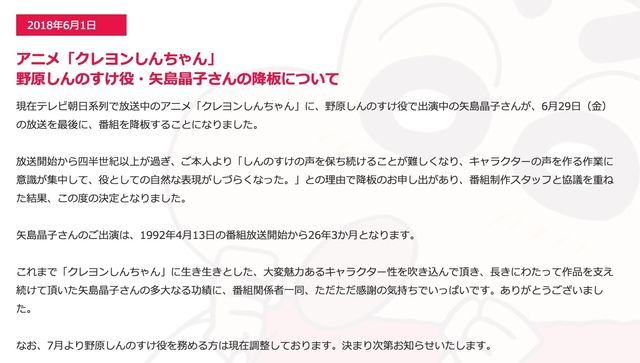 クレヨンしんちゃん しんのすけ役の矢島晶子さんが降板を発表 29日放送が最後 にじめん